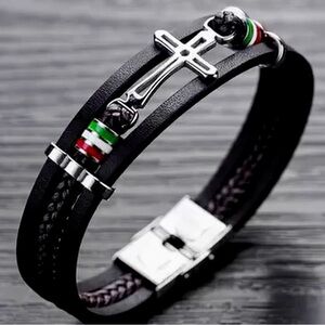 Black Leather Italian cross Bracelet with Silver 8.25 inches
